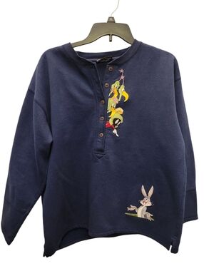 Warner Bros. Navy Henley Sweatshirt with Looney Tunes Embroidery